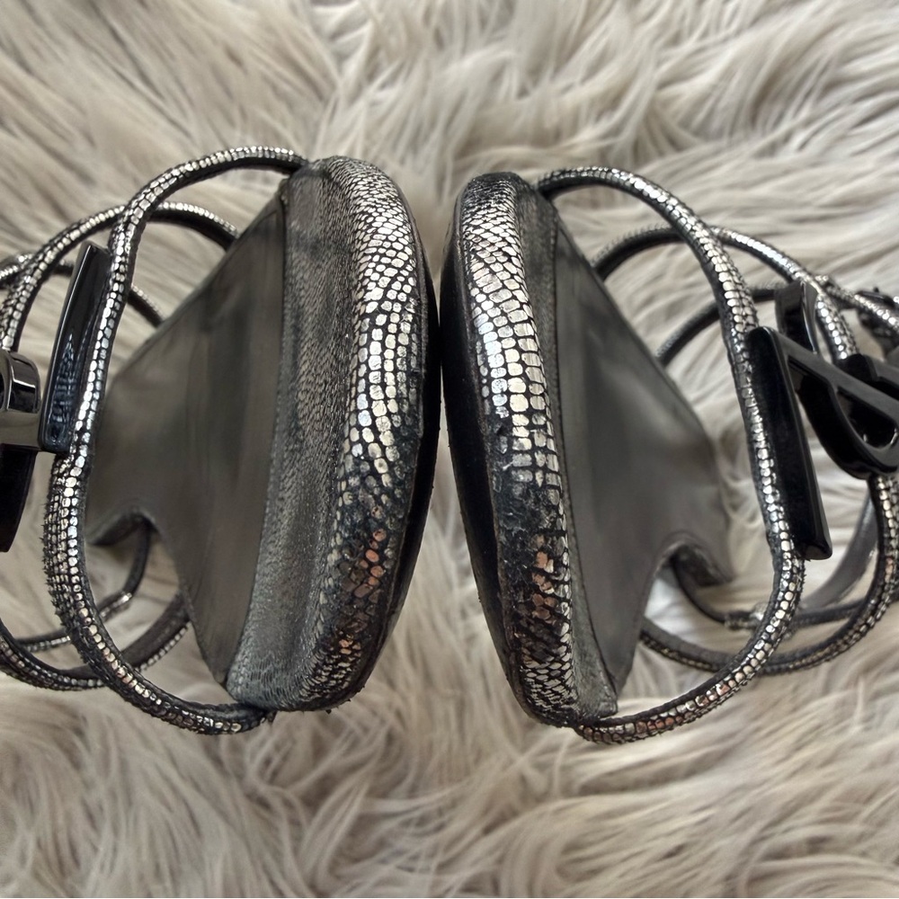 SAINT LAURENT Calfskin YSL Cassandra Monogram Logo Strappy Sandals Metallic 36 - Picture 5 of 11